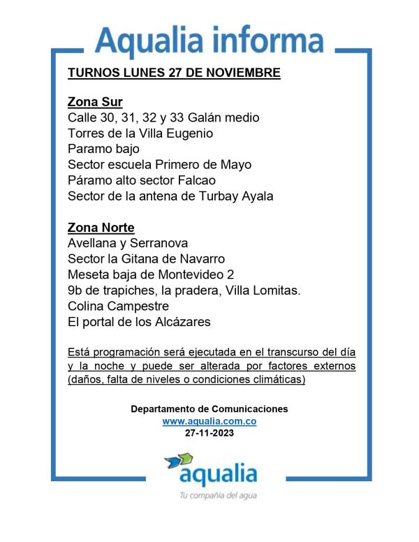 TURNOS LUNES 27 DE NOVIEMBRE - VILLA DEL ROSARIO