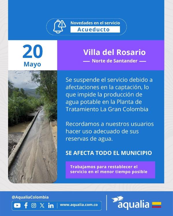 SE SUSPENDE EL SERVICIO POR AFECTACIONES EN CAPTACION - VILLA DEL ROSARIO