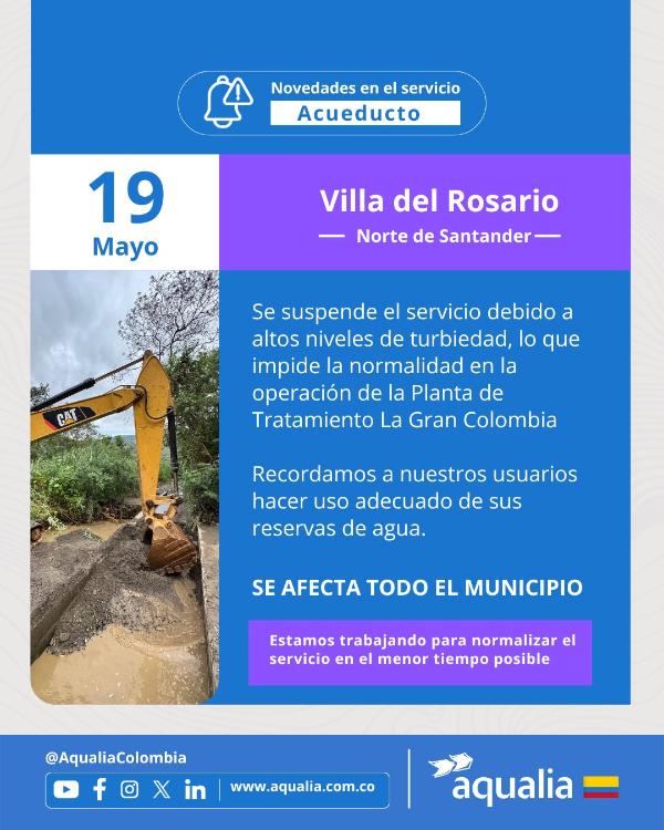 SE SUSPENDE EL SERVICIO POR ALTOS NIVELES DE TURBIEDAD EN VILLA DEL ROSARIO