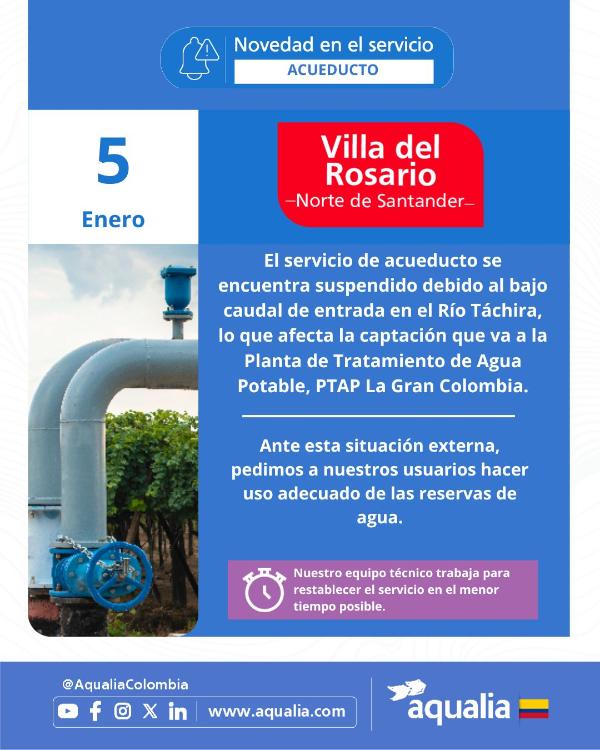 El servicio de acueducto se encuentra suspendido en el municipio de Villa del Rosario