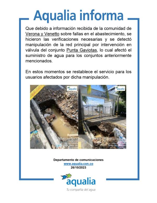 Manipulación de la red principal por intervención en válvula del conjunto Punta Gaviotas - Villa del Rosario