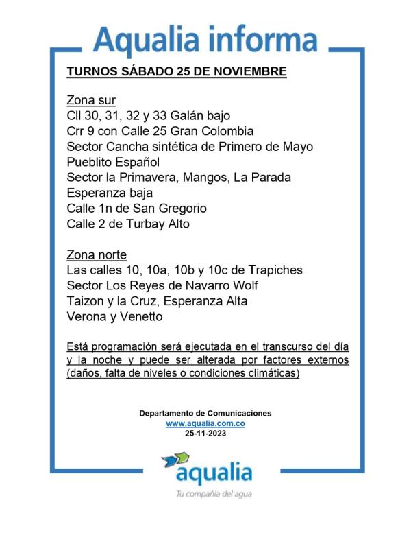TURNOS SÁBADO 25 DE NOVIEMBRE - VILLA DEL ROSARIO