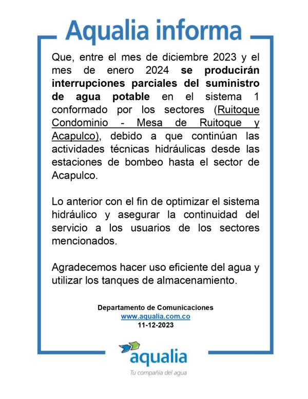 INTERRUPCIONES PARCIALES DEL SERVICIO DE AGUA POTABLE EN EL SISTEMA 1 - RUITOQUE