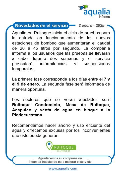 Novedades en la prestación del servicio de Ruitoque