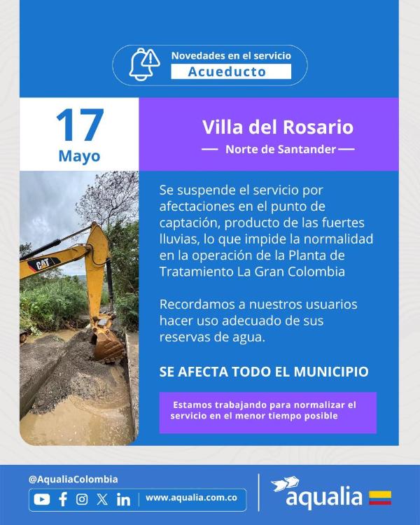 SE SUSPENDE EL SERVICIO POR AFECTACIONES EN LA CAPTACIÓN - VILLA DEL ROSARIO