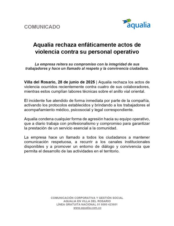Aqualia rechaza enfáticamente actos de violencia contra su personal operativo en Villa del Rosario