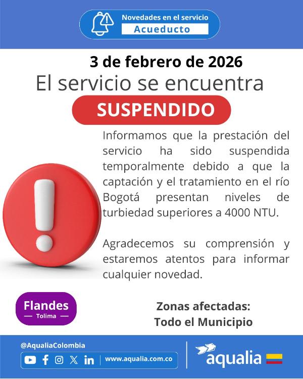Suspensión temporal del servicio de acueducto en Flandes