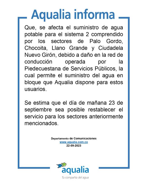 Debido a daño en la red de conducción, se afecta el suministro de agua potable para el sistema 2 en Ruitoque