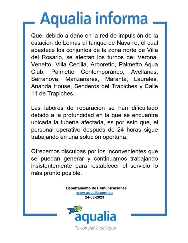 El servicio en los conjuntos de la zona norte se encuentra afectado por daño en la red de impulsión - Villa del Rosario