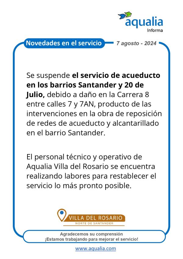 Se suspende el servicio de acueducto en los barrios Santander y 20 de Julio