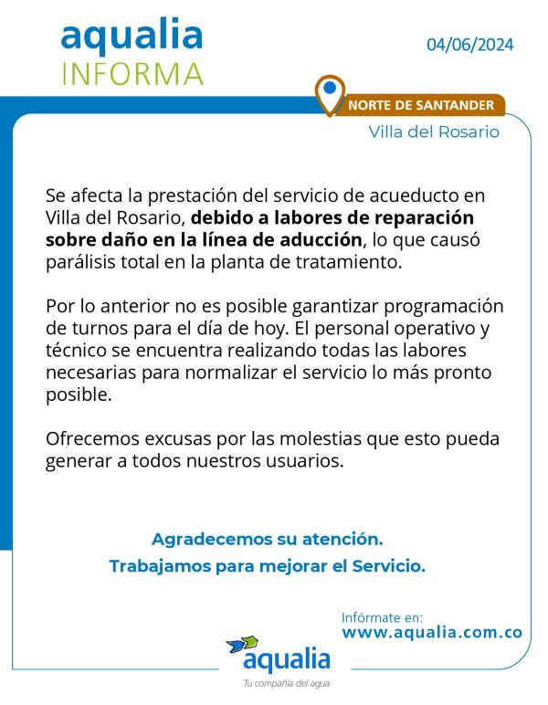 Afectaciones en el servicio de acueducto por labores de reparación en la línea de aducción