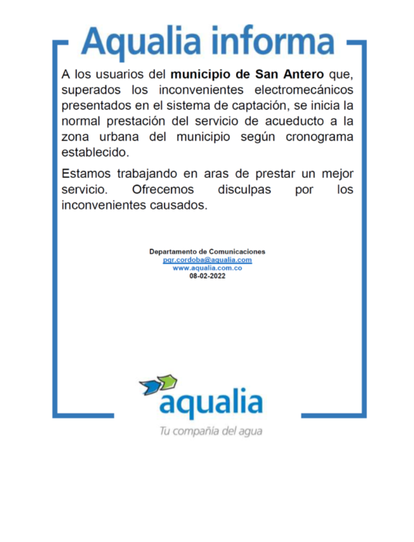 Se restablece el servicio de acueducto en San Antero