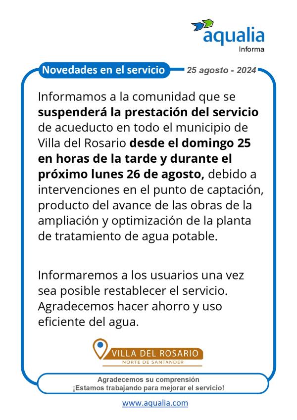 Por las obras de ampliación en la planta de tratamiento se suspende el servicio de acueducto en Villa del Rosario