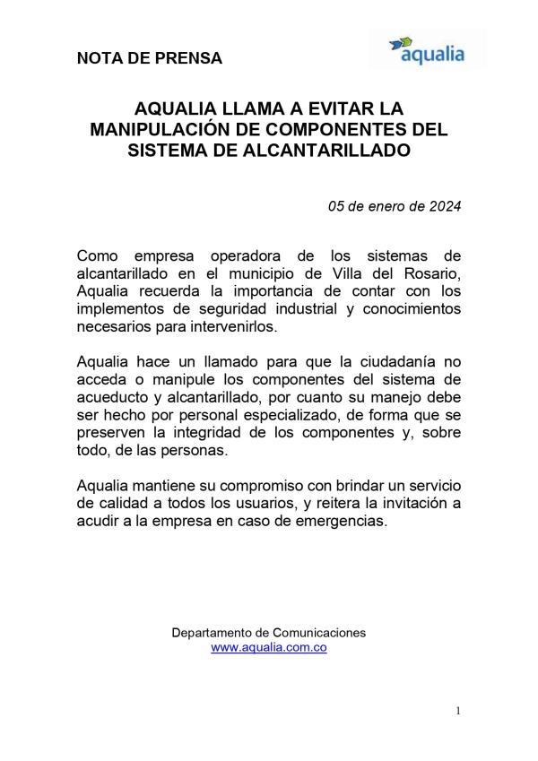 AQUALIA LLAMA A EVITAR LA MANIPULACIÓN DE COMPONENTES DEL SISTEMA DE ALCANTARILLADO