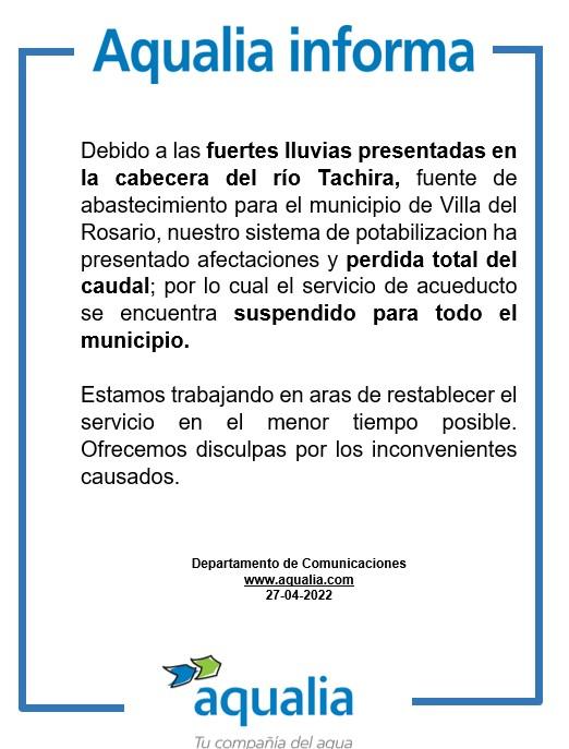 Suspensión del Servicio en Villa del Rosario por fuertes lluvias presentadas en la cabecera del río Táchira
