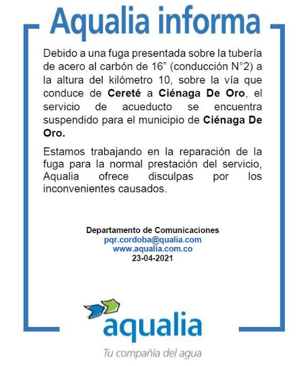 El servicio de acueducto se encuentra suspendido para el municipio de Ciénaga de Oro.