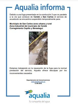 Suspensión Temporal del servicio de acueducto por daño en la vía que conduce de Cereté a San Carlos
