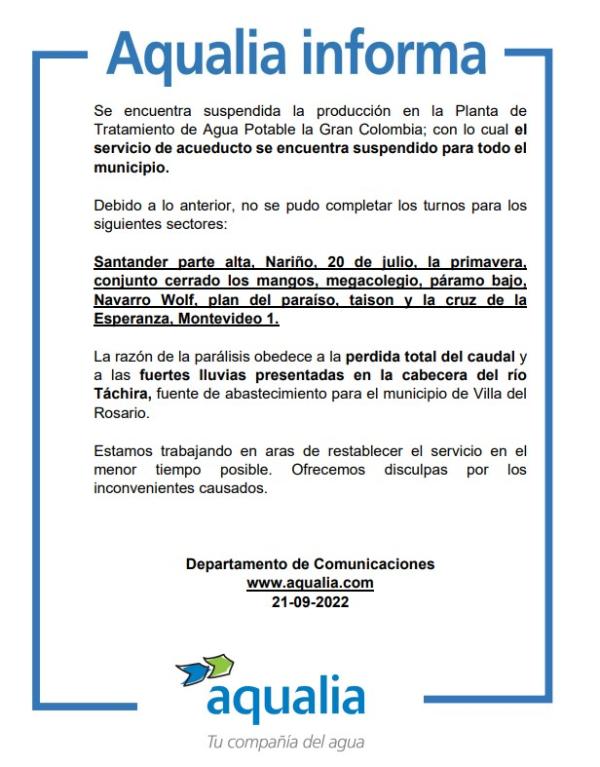 Suspendida la producción en la Planta de Tratamiento de Agua Potable la Gran Colombia en Villa del Rosario