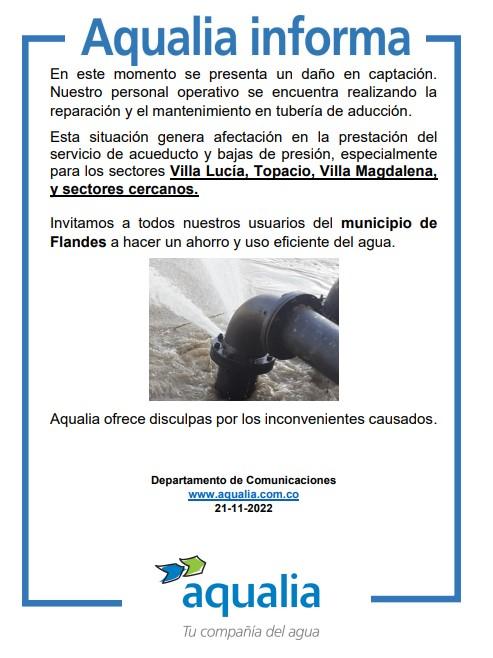 Afectado el servicio de acueducto en el municipio de Flandes por daño en captación