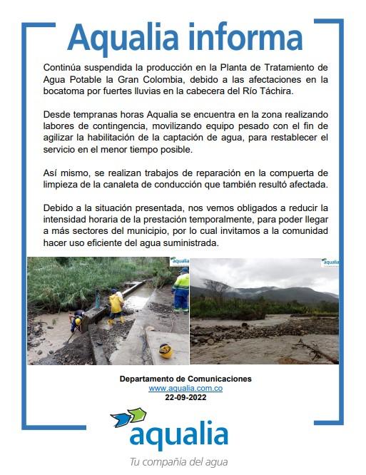 Continúa suspendida la producción en la Planta de Tratamiento de Agua Potable la Gran Colombia en Villa del Rosario