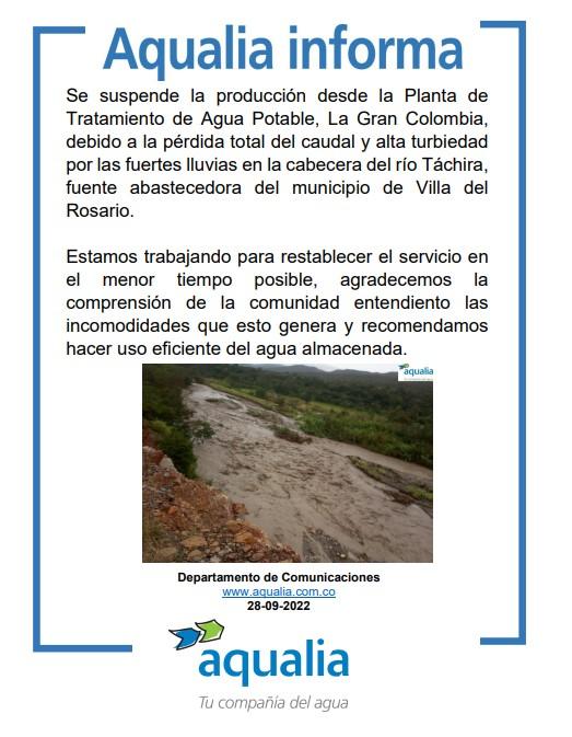 Se suspende la producción desde la Planta de Tratamiento de Agua Potable, La Gran Colombia, debido a la pérdida total del caudal y alta turbiedad