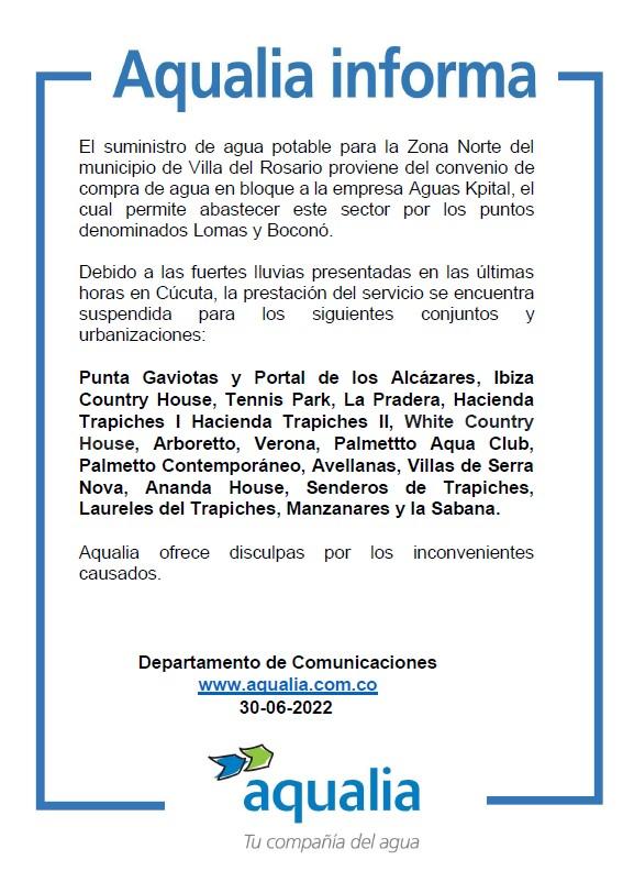 Suspendida la prestación del servicio para la zona norte de Villa del Rosario