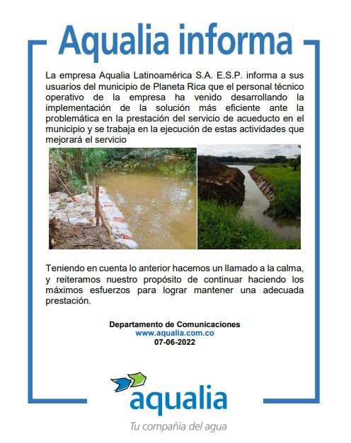 Aqualia trabaja en la ejecución de actividades que mejorará el servicio en el municipio de Planeta Rica