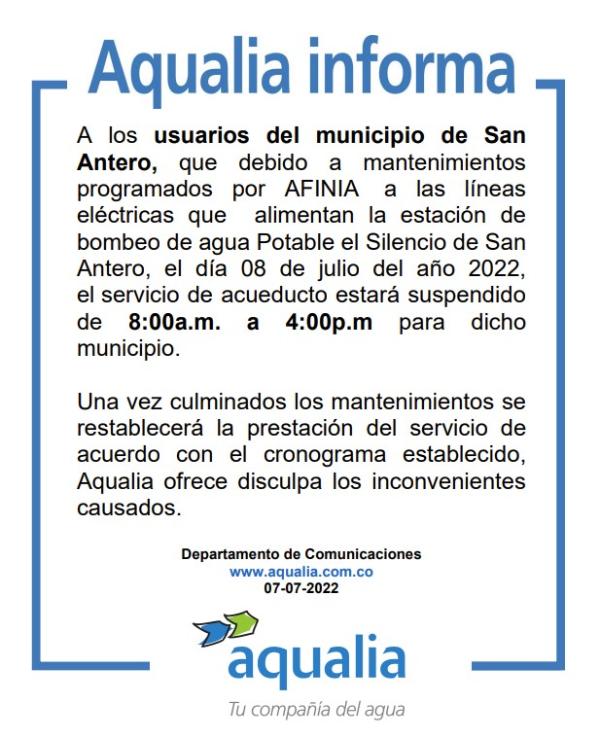 Suspensión del servicio de acueducto en el municipio de San Antero