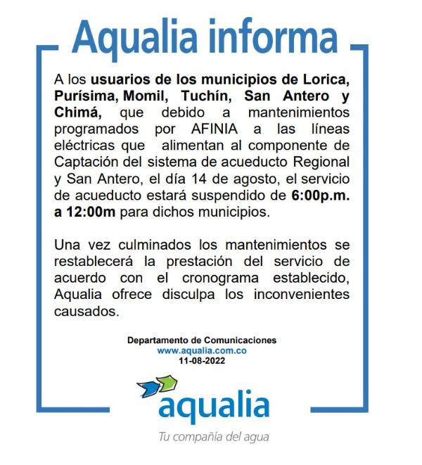 Suspensión temporal del servicio de acueducto en municipios de Lorica, Purísima, Momil, Tuchín, San Antero y Chimá