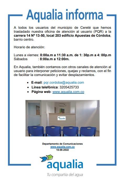 Aqualia traslada la oficina de atención al usuario de Cereté a la carrera 14 Nº 13-50, local 203 edificio Apuestas de Córdoba, barrio centro