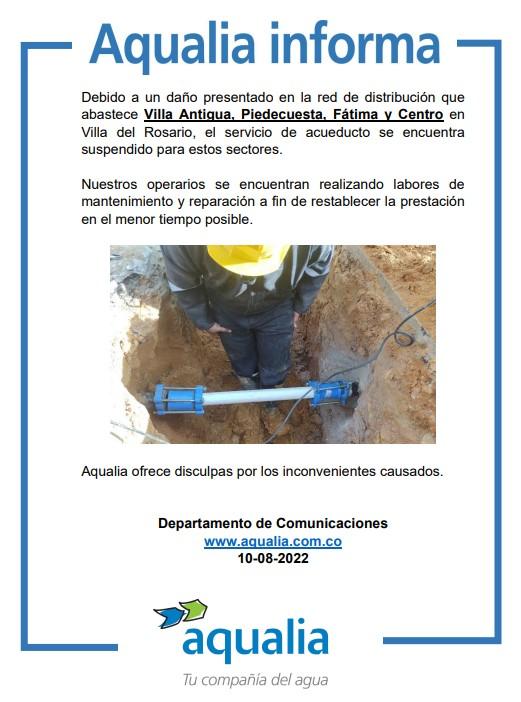 Suspensión del servicio de acueducto en Villa del Rosario por daño en red de distribución