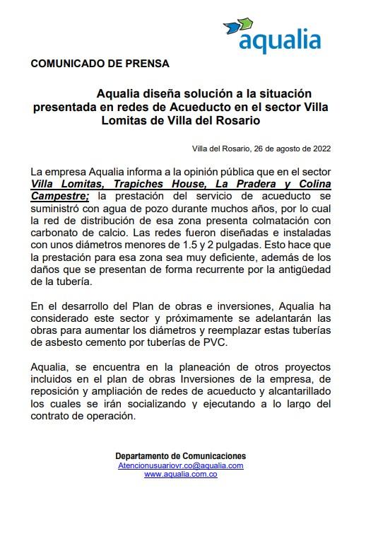 Aqualia diseña solución a la situación presentada en redes de Acueducto en el sector Villa Lomitas de Villa del Rosario