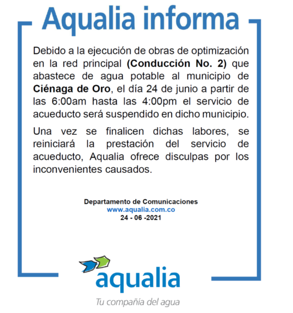 Por mantenimientos en redes de acueducto se suspende el servicio, en el municipio de Ciénaga de Oro