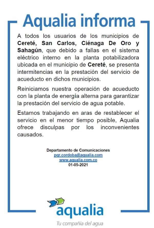 Aqualia informa sobre fallas eléctricas internas en Cereté