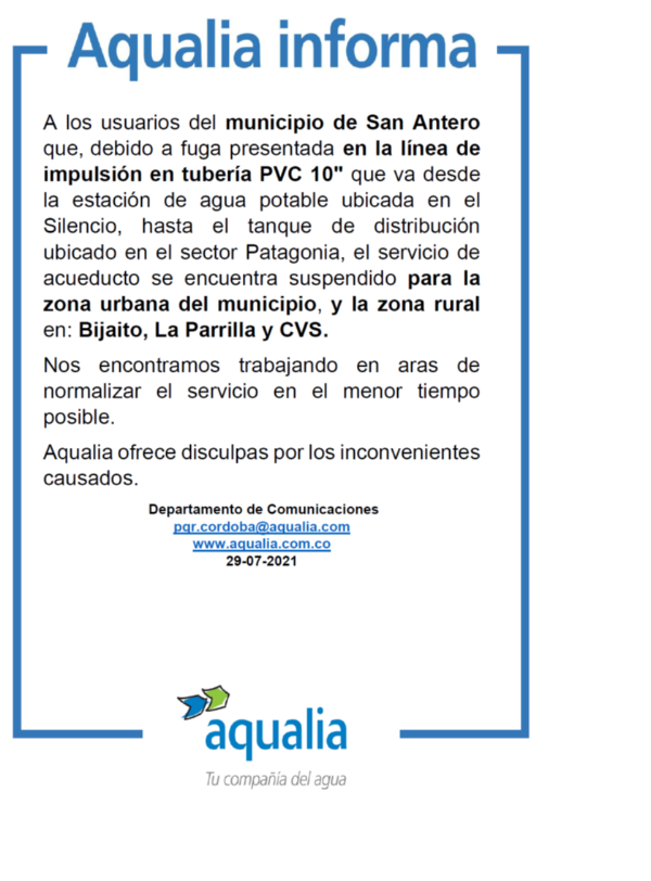 Suspensión por fuga debido a fuga presentada en la línea de impulsión en tubería PVC 10  en San Antero