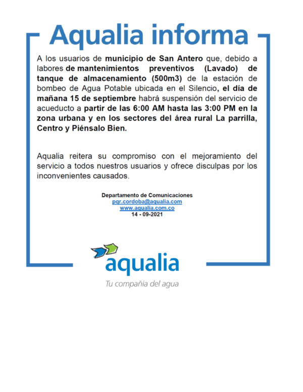 Suspensión del servicio  en el municipio de San Antero por lavado de tanque