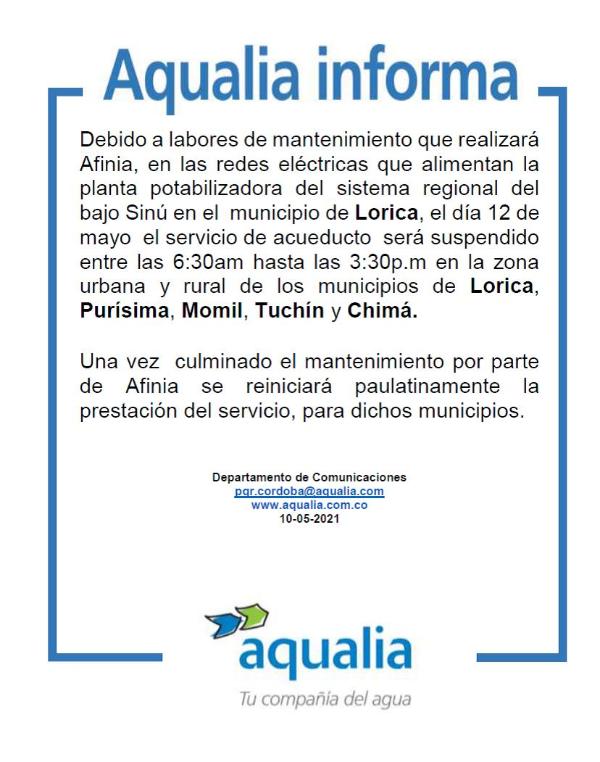 Por mantenimientos en redes eléctricas, se suspende el servicio de acuedcuto en  municipios del bajo sinú.