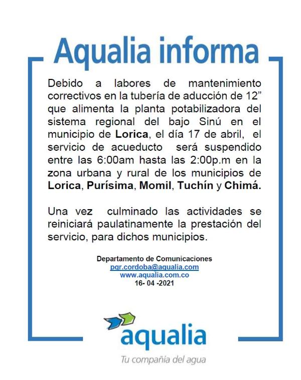 Por mantenimientos en red matriz, se suspende el servicio de acueducto en municipios del bajo sinú.