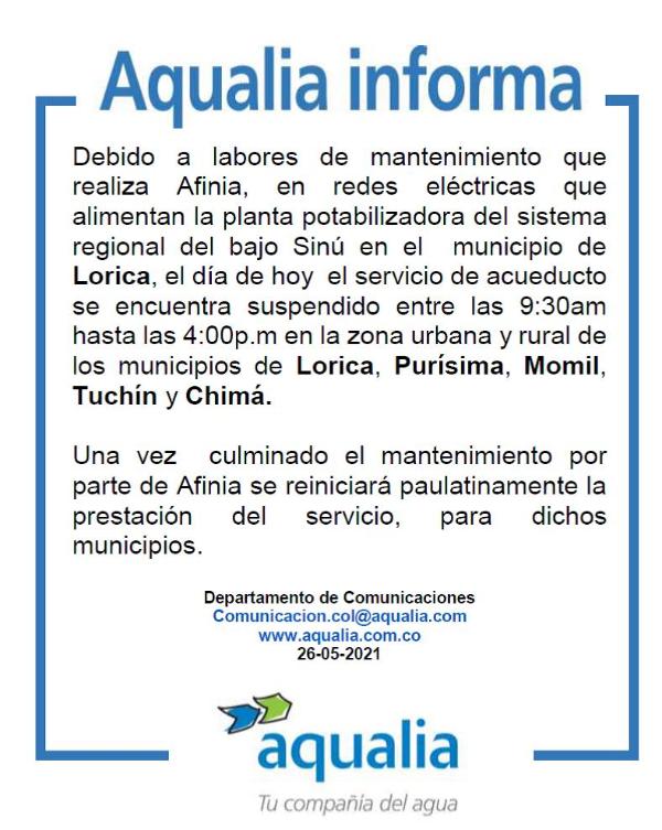 Por mantenimientos en redes eléctricas, se suspende el servicio de acueducto en municipios del bajo Sinú