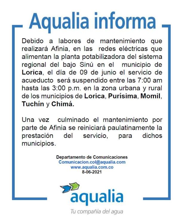 Por mantenimientos en redes eléctricas, se suspende el servicio de acueducto en municipios del bajo sinú.