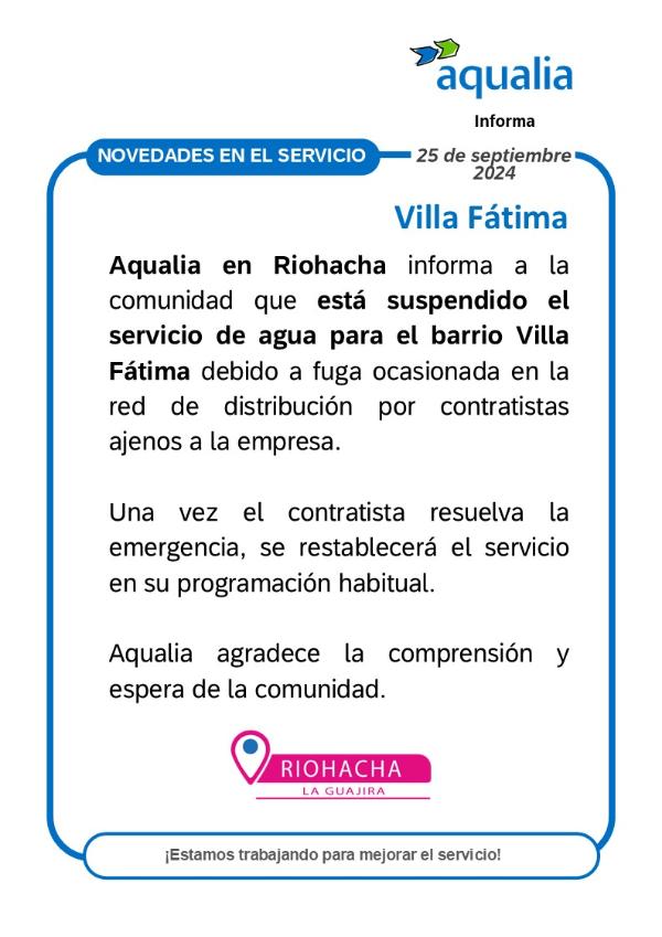 Suspensión temporal del servicio de acueducto en el barrio Villa Fátima de Riohacha