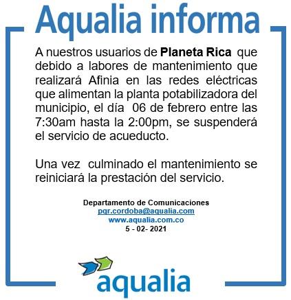 Por mantenimientos en redes eléctricas, se suspende el servicio de acueducto en Planeta Rica el día 6-02-2021