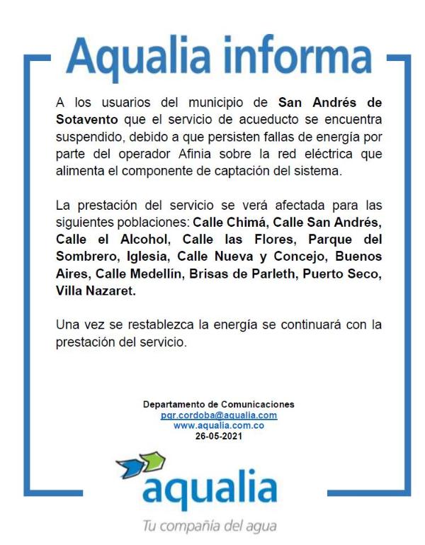 Fallas de energía sobre la red eléctrica que alimenta el componente de captación del municipio de San Andres de Sotavento