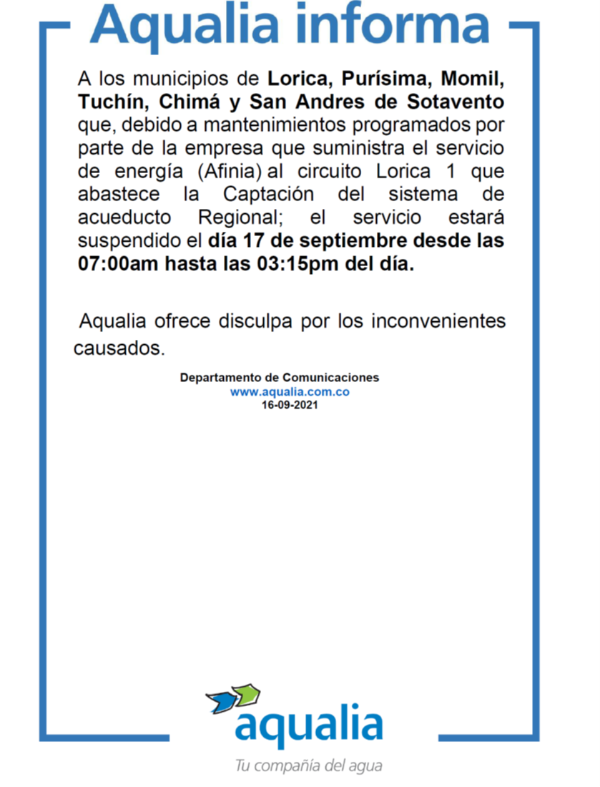 Suspensión Regional por mantenimientos de la empresa de energía