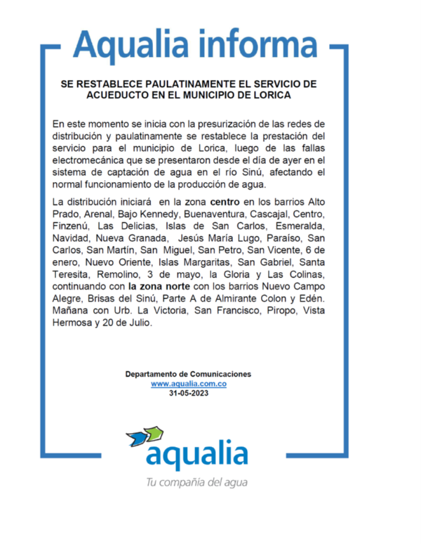 SE RESTABLECE PAULATINAMENTE EL SERVICIO DE ACUEDUCTO EN EL MUNICIPIO DE LORICA