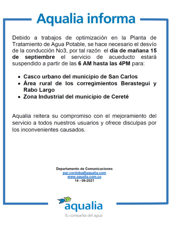 Suspensión del servicio por trabajo de optimización en la Planta de Tratamiento