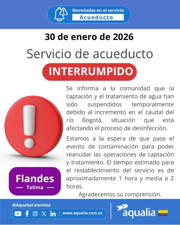 Interrupción temporal del servicio de acueducto en Flandes